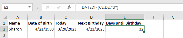 Days until Birthday in Excel