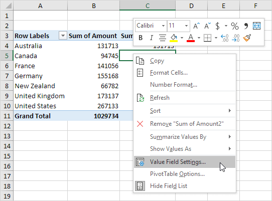 Value Field Settings