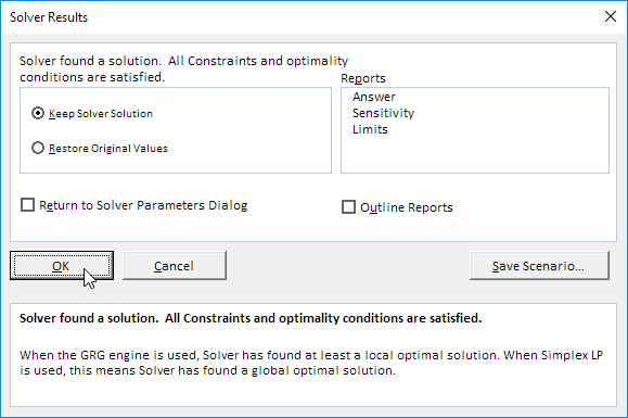 Kết quả giải quyết Solver Results