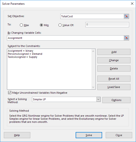 assignment problem excel