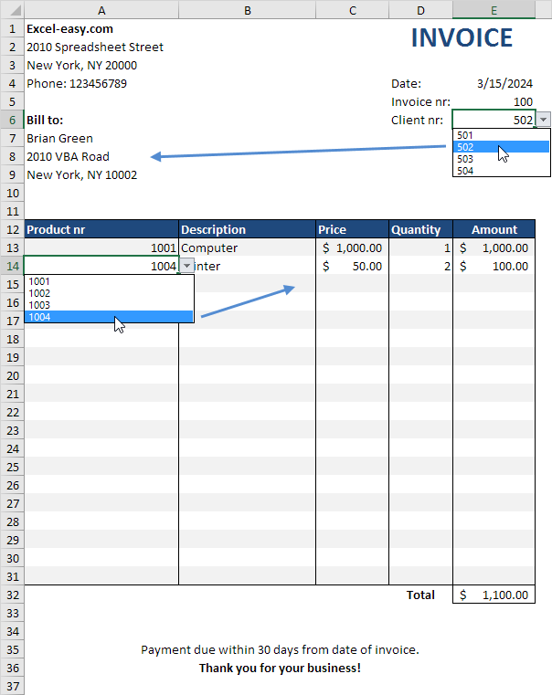 Automated Invoice in Excel