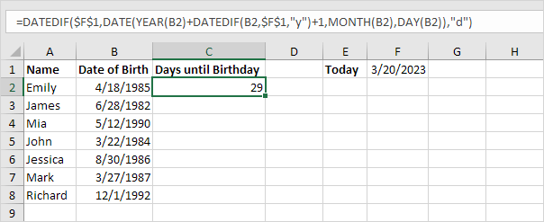 Days until Birthday Formula