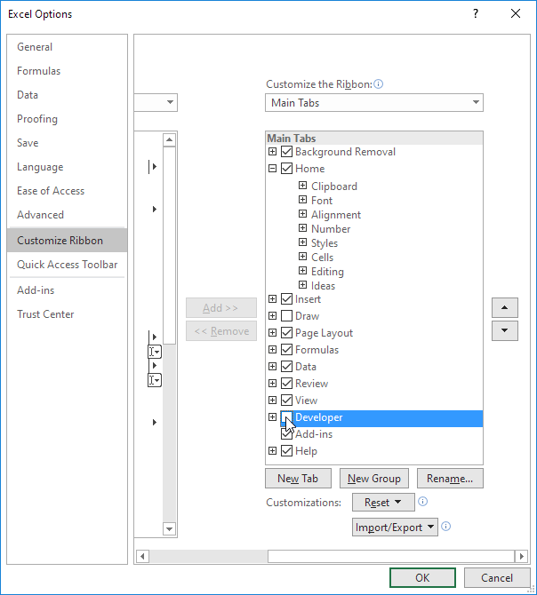 how to view developer tab in excel