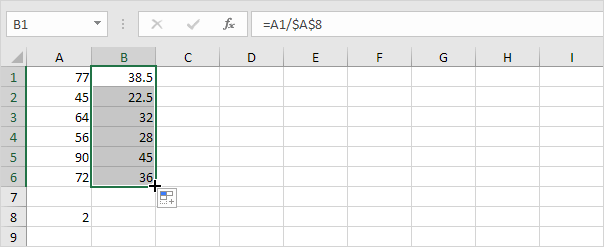 Divide a Column of Numbers by a Constant Number in excel