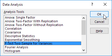 Select F-Test Two-Sample for Variances