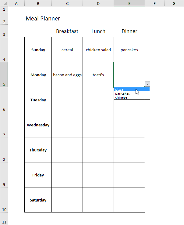 Meal Planner in Excel