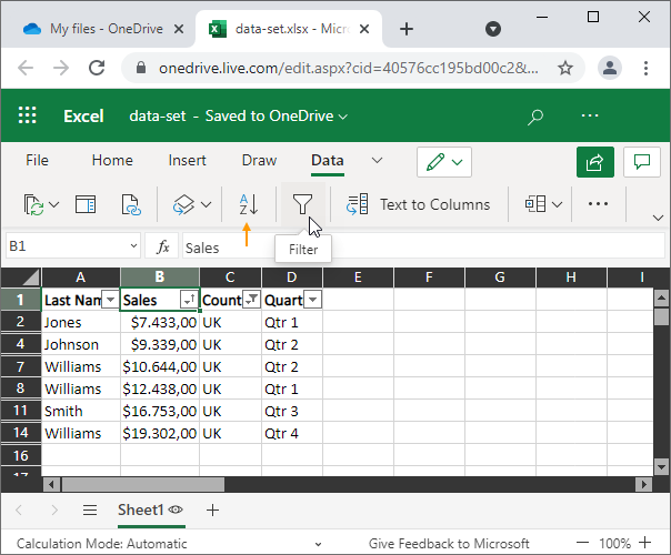 Use Excel Online to Sort and Filter