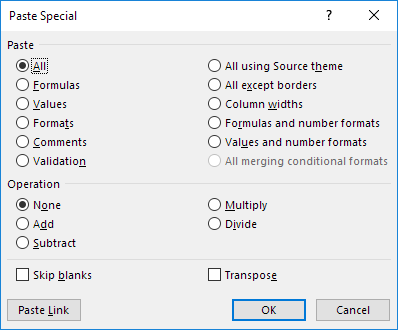 Paste Special Dialog Box in Excel