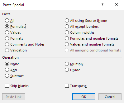 Paste Special Formulas Shortcut