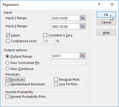 excel linear regression with select points