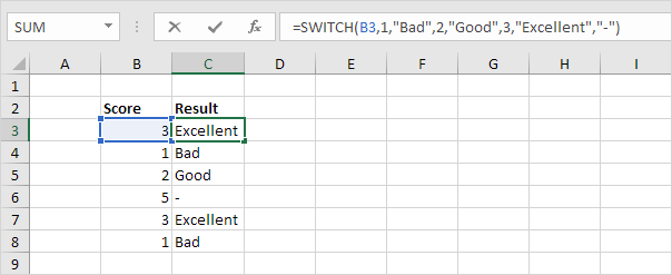 Simple SWITCH function in Excel