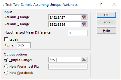 t-Test Parameters