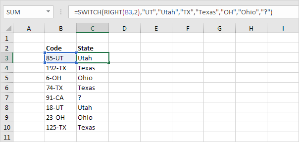 SWITCH function in Excel