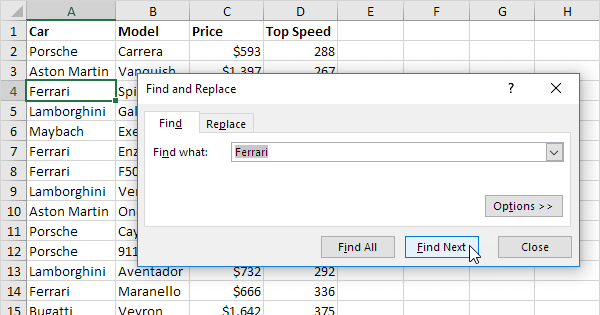 shortcut for find and replace in excel