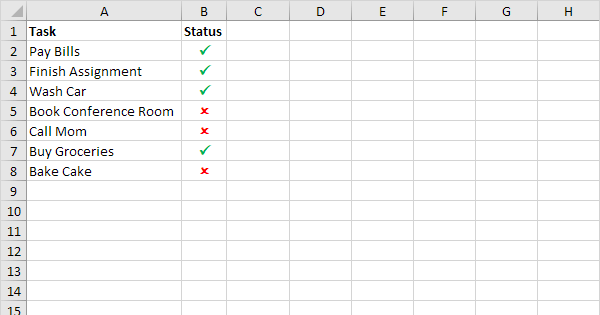 How to insert a tick symbol (checkmark) in Excel