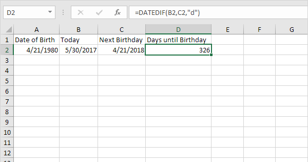 Days Until Birthday In Excel Easy Excel Tutorial