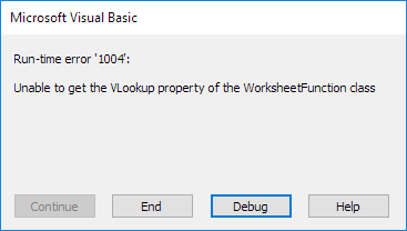 Unable to get the VLookup property of the WorksheetFunction class
